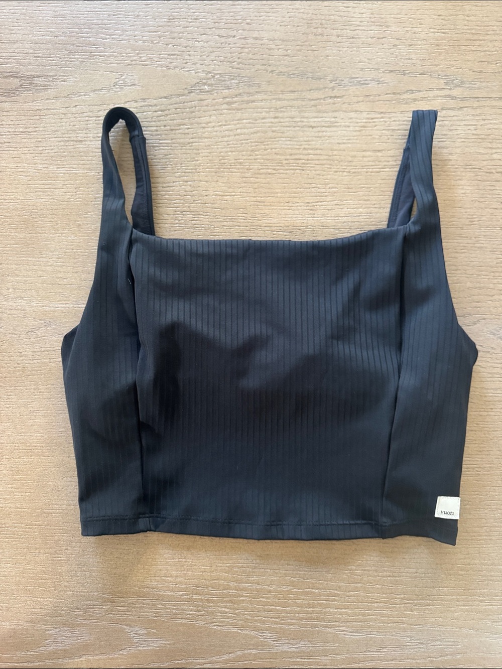 Vuori Black Ribbed Square-Neck Crop workout tank